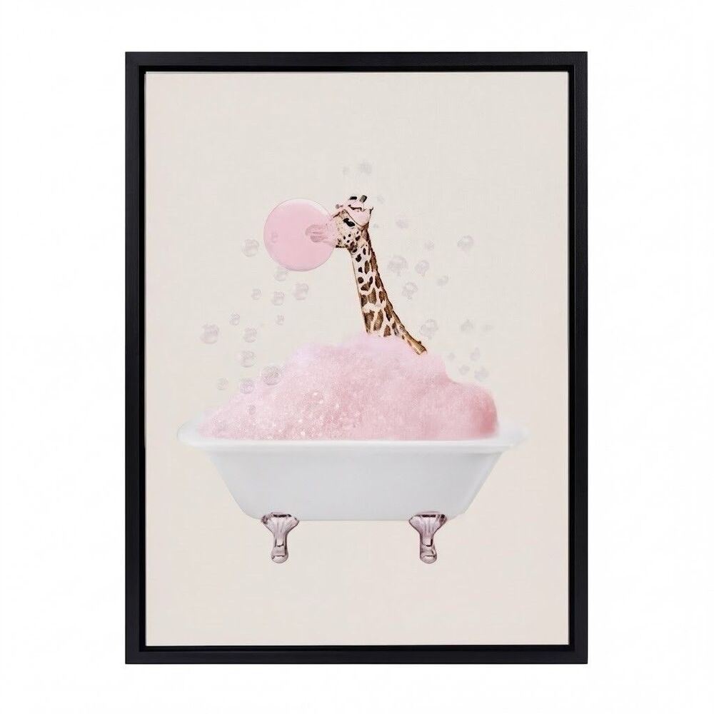 Kate & Laurel Sylvie Giraffe Bath Framed Canvas 18x24 Nursery Wall Art